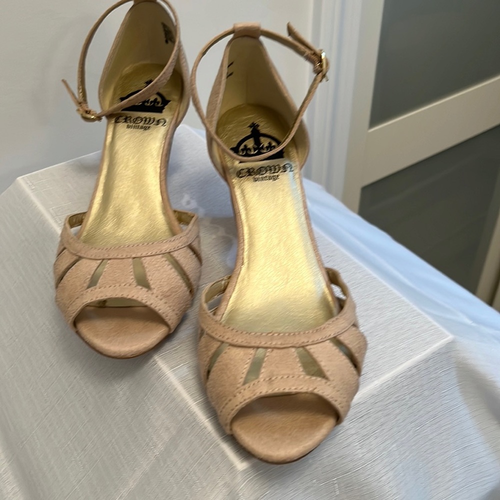 Crown Vintage Faux Suede Beige Peep Toe Ankle-Strap Sandals